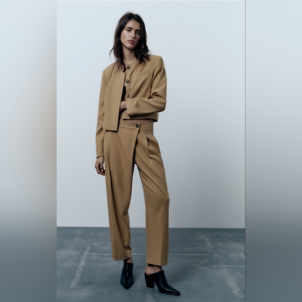 NWT ZARA Crossover Pleated Pants Sz. XL Khaki Asymmetrical